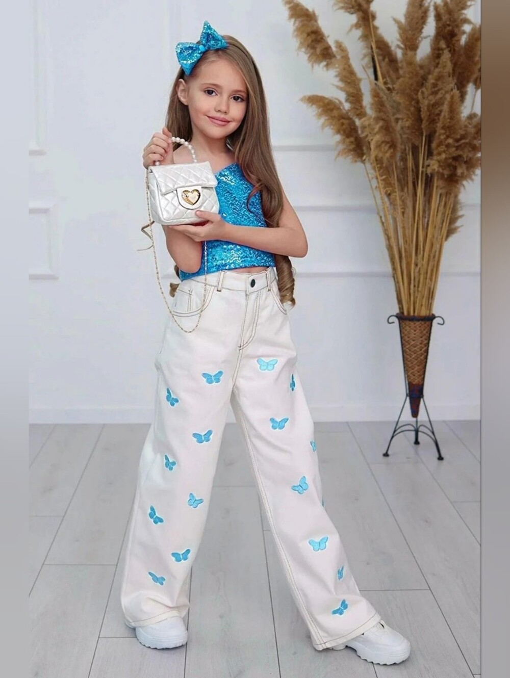 Girls Wear Party Top And Pants With Hair Clip Clothing Set Butterfly Print